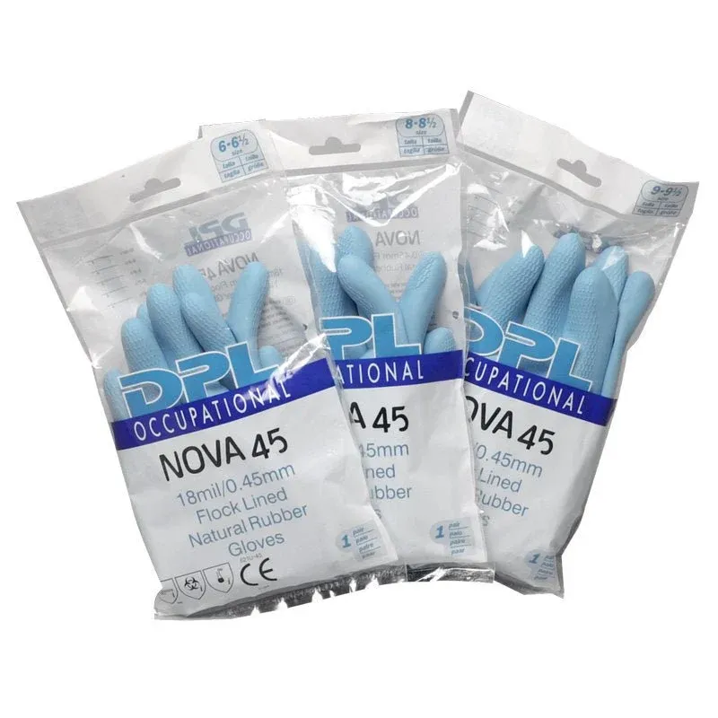 Ausgestellt sind drei Packungen Abena Re-Seller GmbH Haushaltshandschuhe Latex, Blau. Jede Packung enthält ein Paar beflockte Naturkautschukhandschuhe in Klarsichtverpackung - ideal als Reinigungshandschuhe für verschiedene Aufgaben.