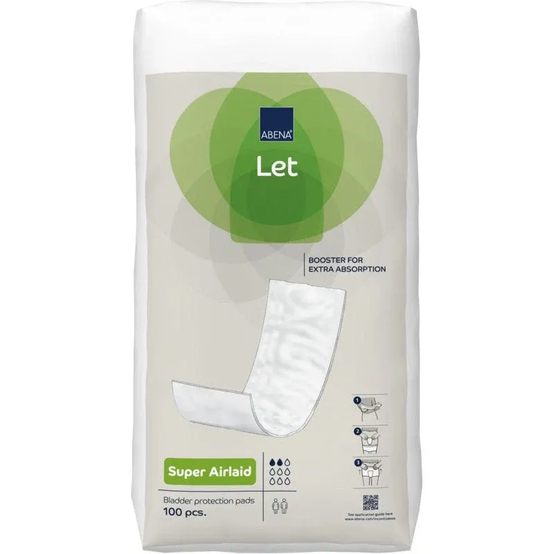 Eine 100er-Packung ABENA Let Super Airlaid von Abena Re-Seller GmbH bietet zuverlässigen Blasenschutz mit hoher Saugfähigkeit. Die grün-weiße Verpackung ist mit einer Tamponabbildung und einer Gebrauchsanweisung versehen.