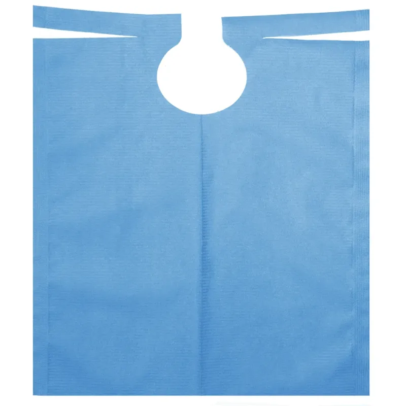 Ein blaues, zahnmedizinisches Einmallätzchen mit rundem Halsausschnitt und langen Laschen zur Befestigung. Das strukturierte Material ist mit einer PE-Beschichtung versehen und eignet sich daher ideal zum Schutz der Kleidung bei zahnärztlichen Behandlungen. Bei dem Produkt handelt es sich um den AMPri Patientenumhang mit PE-Beschichtung 500 x 600 mm der AMPri Handelsgesellschaft mbH, erhältlich in verschiedenen Farben auf einer Rolle zu 80 Stück.