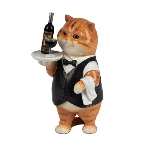 Deko Katze als Kellner aus Kunststein – handbemalte Katzenfigur mit Weinflasche und Serviertablett, 14 cm