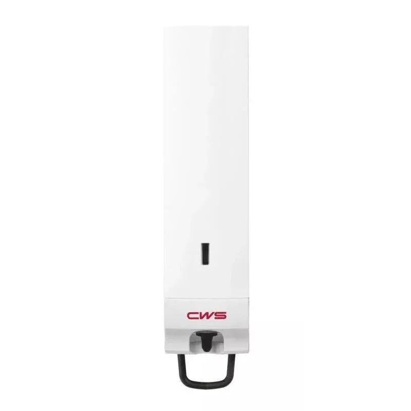 Der CWS Panel weiß für - Handlotionsspender ParadiseLine | 1 Stück ist ein weißer, rechteckiger Wandspender mit schwarzem Sichtfenster und rotem Schriftzug "CWS" auf der Vorderseite sowie einem schwarzen Hebel für die einfache Nutzung im öffentlichen Raum.