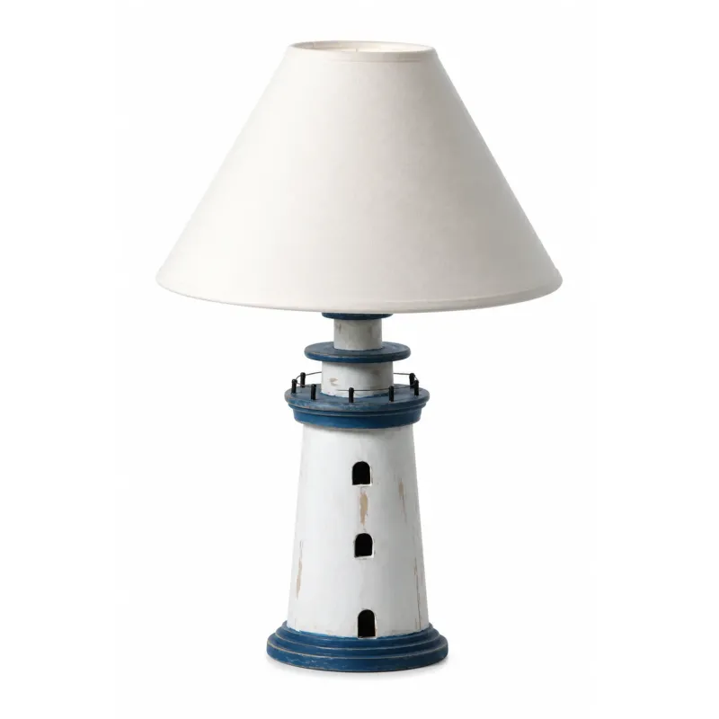 Leuchtturm Lampe 27 cm – maritime Tischlampe aus Holz in Blau Weiß
