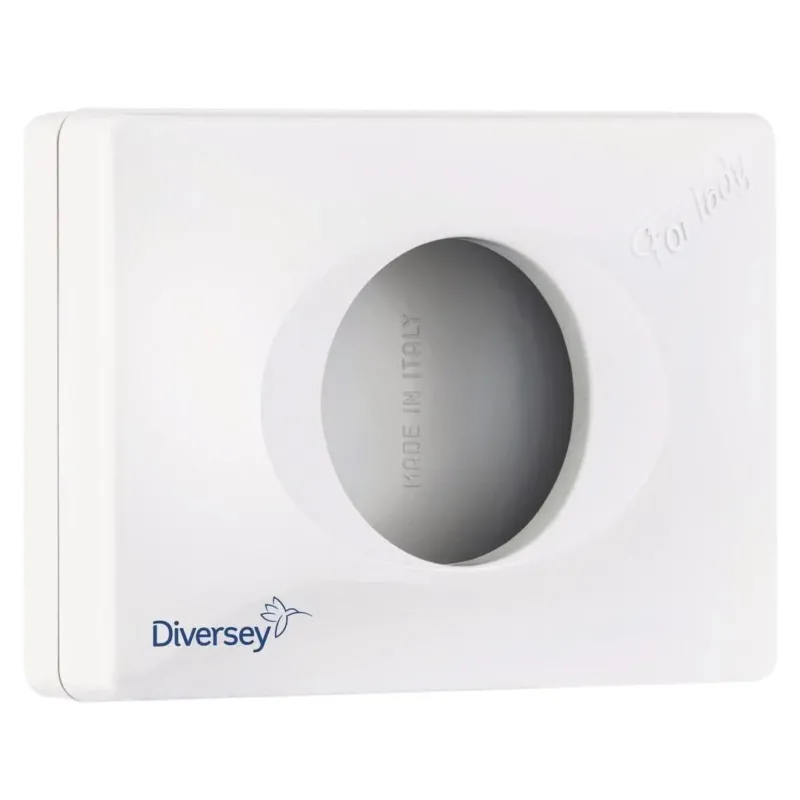 Der Hygienebeutelspender aus weißem Kunststoff (95x135x32 mm) von Diversey Deutschland GmbH & Co. OHG ist ideal für öffentliche Sanitärräume, mit ovaler Öffnung und "MADE IN ITALY"-Prägung im Inneren der Öffnung.