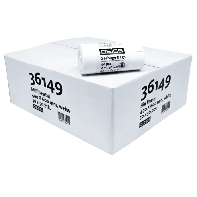 In einem Karton mit der Produktnummer „36149“ befinden sich mehrere Rollen DEISS LDPE Müllbeutel 30 Liter, hergestellt von EMIL DEISS KG (GmbH + Co.). Eine Rolle liegt oben, hat die Maße 490 x 600 mm und enthält 50 Beutel pro Rolle.