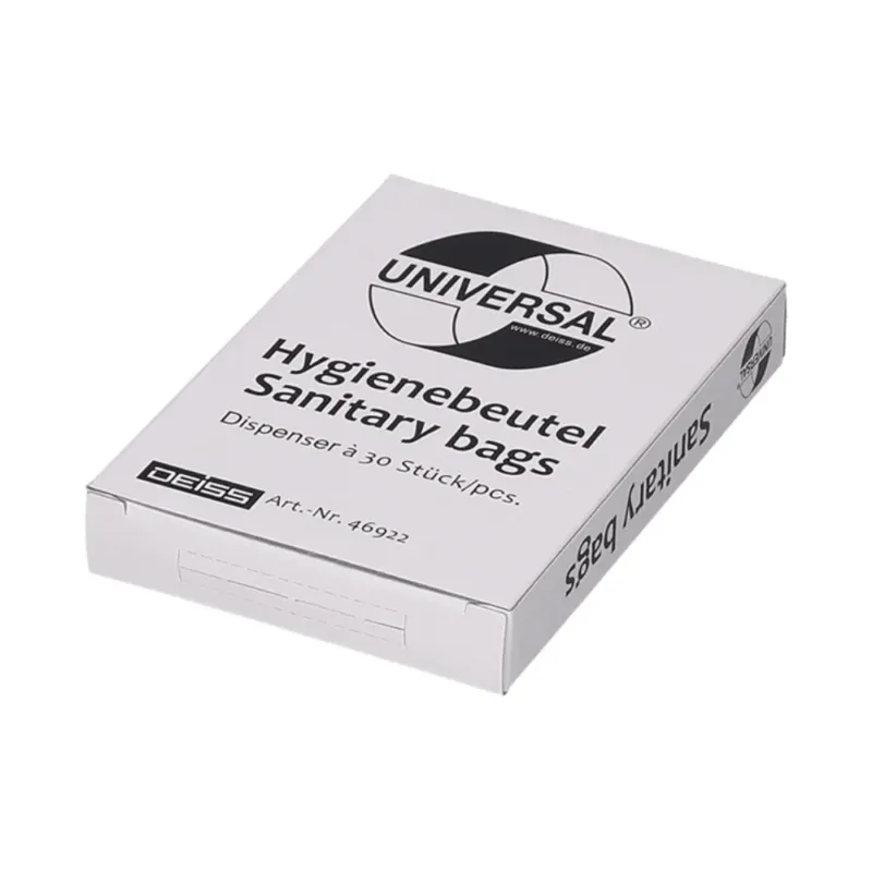 Eine weiße Schachtel der EMIL DEISS KG (GmbH + Co.), auf der das Markenlogo prominent abgebildet ist, enthält 30 Universal-Hygienebeutel aus HDPE, Artikel 46922, und unterstreicht damit das Engagement der Marke für Damenhygiene-Grundausstattung.
