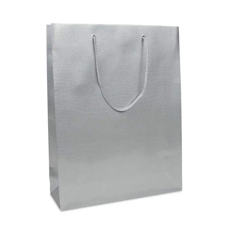 Luxuriöse Papiertaschen - Krokostruktur 31+10x40 cm Silber (100 Stück) [FP-DPK072]