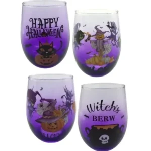 4er Set Trinkgläser mit Halloween Motiv, Lila Höhe ca. 12cm, 500ml