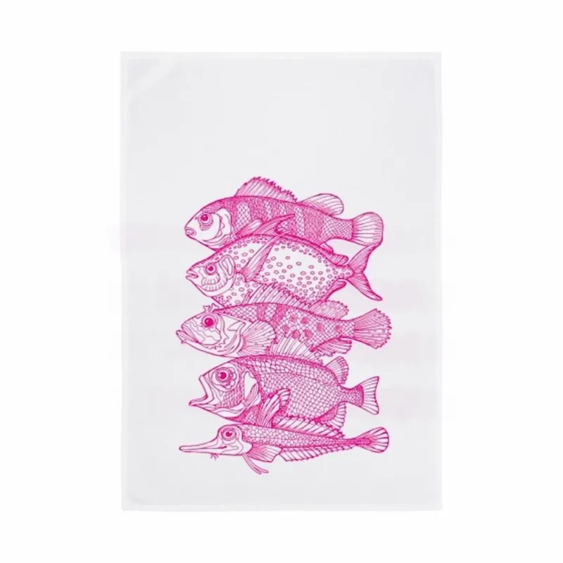 Fünf Pinke Fische auf einem Baumwolle Geschirrtuch von 17;30