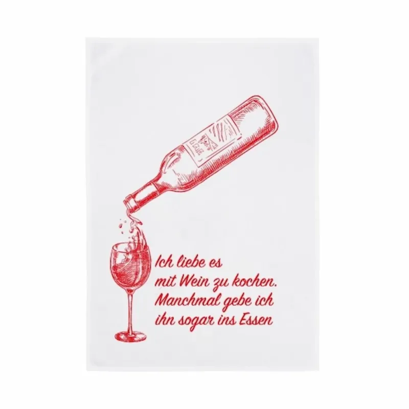 Ein Geschirrtuch mit Lustigem Roten Spruch ICH LIEBE ES MIT WEIN ZU KOCHEN MANCHMAL GEBE ICH IHN SOGAR INS ESSEN aus Baumwolle von 17;30