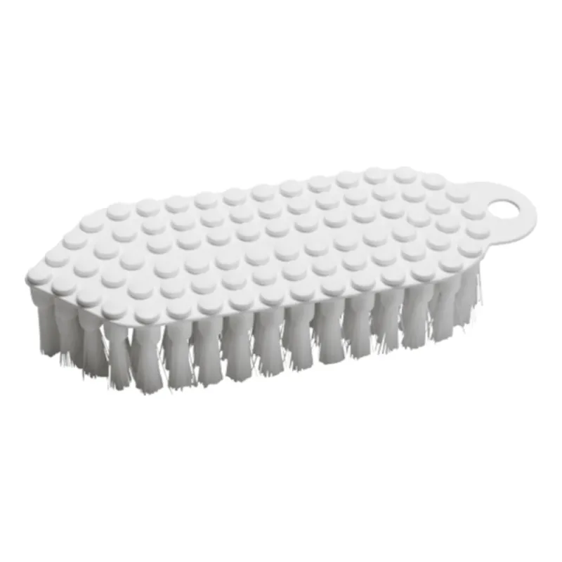 Die Haug Flexo-Bürste, eine weiße Reinigungsbürste der Haug Bürsten KG, ist ideal für professionelle Küchen. Diese flexible Scheuerbürste verfügt über steife Borsten und eine flache, strukturierte Oberseite. Ihre ovale Form und der integrierte Griff mit Aufhängeloch sorgen dafür, dass sie den Anforderungen des HACCP-Hygienestandards entspricht.