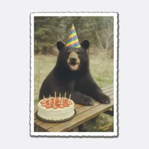 Postkarte mit einem Bären in einem bunten Partyhut neben einer Torte mit Schriftzug "Impossible Cards"