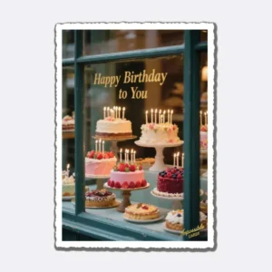 Postkarte mit Abbildungen von Torten und Kerzen in einem Schaufenster mit Schriftzug "Happy Birthday to You"