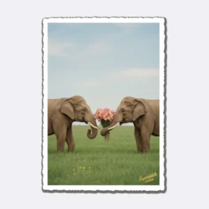 Postkarte mit Elefanten und Blumenstrauß im Grünen mit Schriftzug "Impossible Cards"