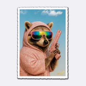 Postkarte mit Waschbär in glänzendem Hoodie und Sonnenbrille vor blauem Himmel mit Schriftzug "impossible card"