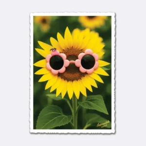 Postkarte mit Sonnenblume und rosa Blüten-Sonnenbrille, Schriftzug "Impossible Cards"