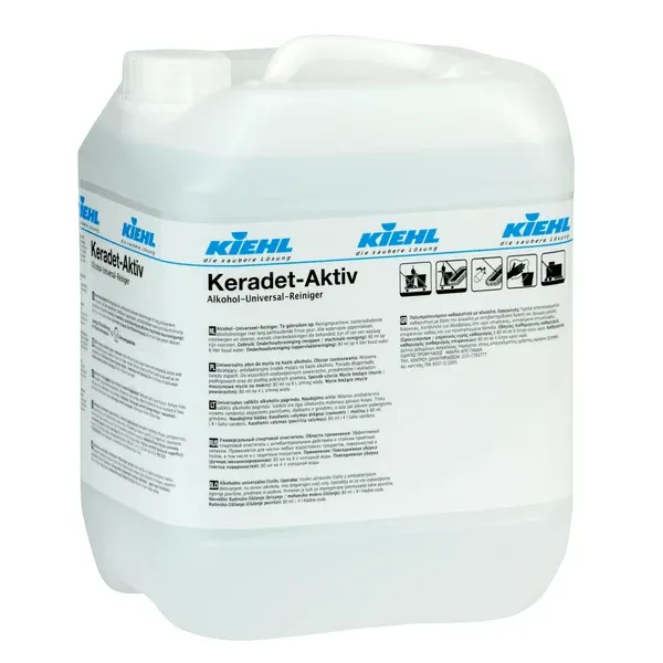 Weißer 10-Liter-Kunststoffbehälter der Johannes Kiehl KG mit der Aufschrift "Kiehl Keradet-Aktiv Alkohol-Universal-Reiniger", mit aufgedruckten Hinweisen, Sicherheitssymbolen, einem Griff und einem Schraubverschluss. Geeignet für alle Oberflächen.