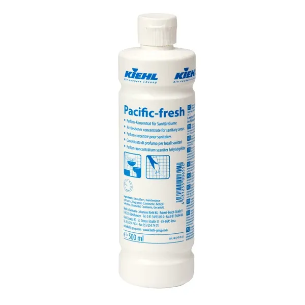 Weiße 500-ml-Kunststoffflasche Kiehl Pacific-fresh Parfüm-Konzentrat für Sanitärräume der Johannes Kiehl KG mit Geruchsneutralisation, langanhaltendem Duft, blauem Text auf dem Etikett und weißem Verschluss. Erhältlich in Kartons mit 12 Flaschen.