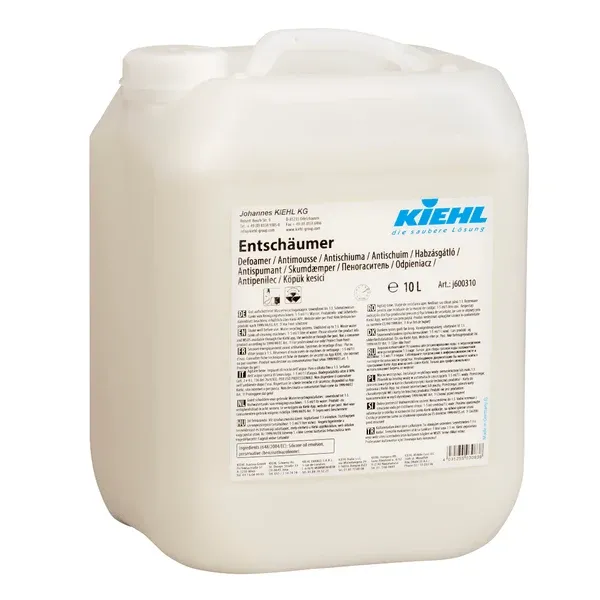 Ein 10-Liter-Kunststoffbehälter von Kiehl Entschäumer zur Schaumreduzierung der Schmutzflotte der Johannes Kiehl KG; auf dem weißen Etikett sind Produktangaben, Sicherheitssymbole und oben rechts ein blaues Kiehl-Logo zu sehen.