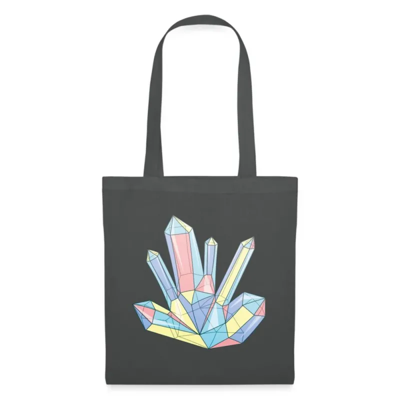 Anthrazit-Jutebeutel mit pastellfarbenem Kristall-Motiv, Crystal-Color-Edelsteine in Rosa, Blau und Gelb