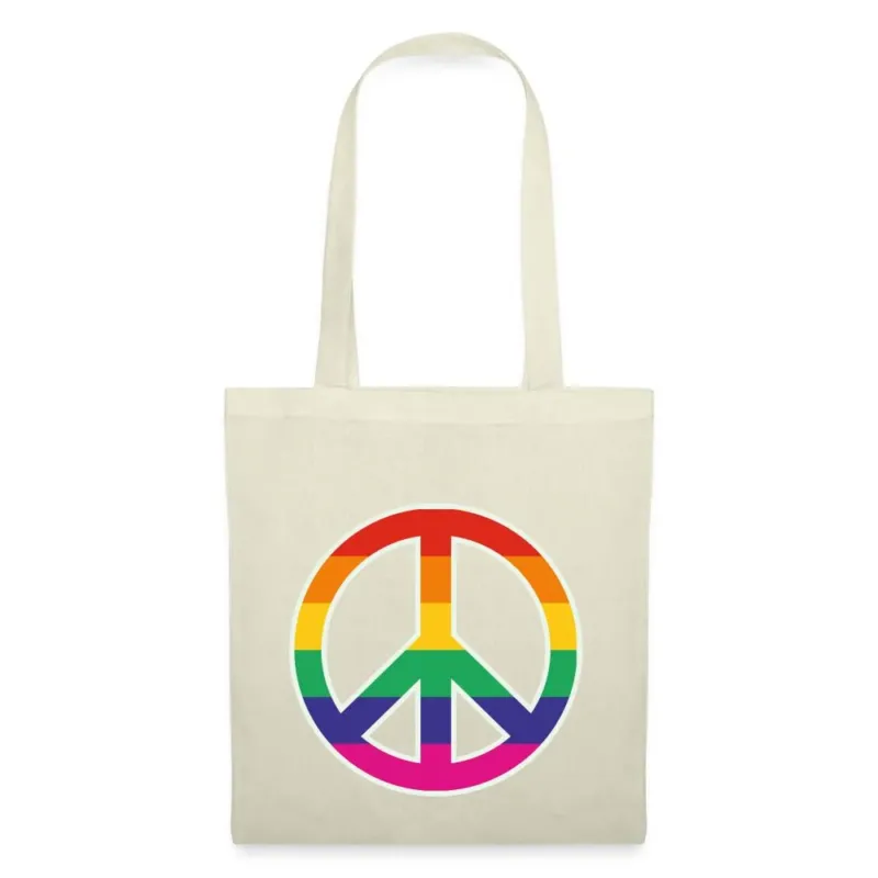 Stoffbeutel mit Peace-Zeichen in Regenbogenfarben auf naturfarbener Baumwolltasche