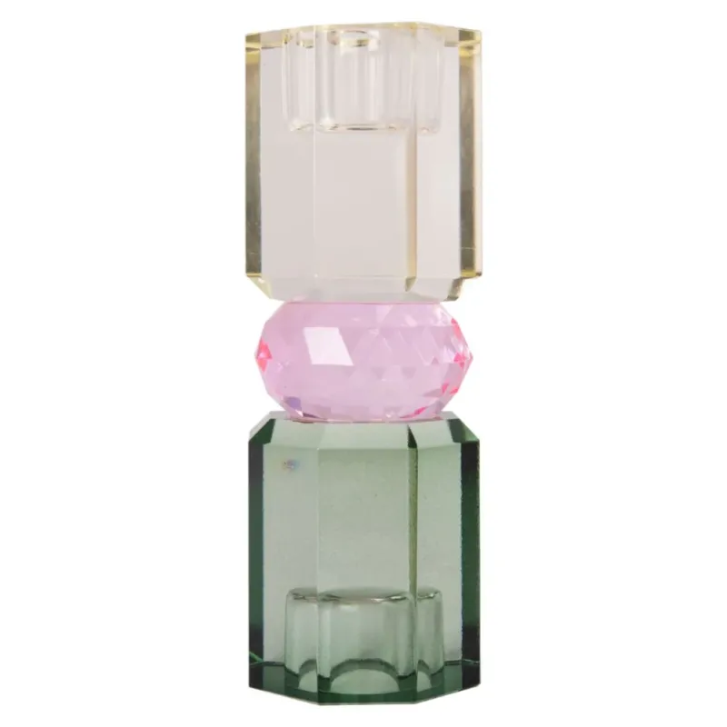 Ein hoher wendbarer Dioptrics Kerzenhalter aus Glas in Butter, Babyrosa und Olive Kristall-Optik, bestehend aus mehreren geometrischen Flächen. Der Kerzenhalter hat eine moderne, facettierte Optik, die das Licht reflektiert, gedreht