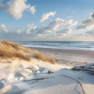 Küchenrückwand-Atemberaubender Strand mit feinem Sand und grauen Wolkenformationen