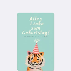 Postkarte in hellblau mit abgebildetem Tiger und weißer Schrift