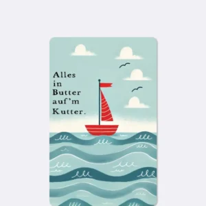 Postkarte mit Meeresmotiv und einem abgebildetem Segelschiff und schwarzem Text