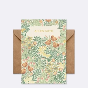 Doppelkarte mit floralem Muster in Grün und Beige mit Schriftzug "ALLES GUTE"