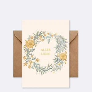 Doppelkarte mit floraler Illustration in Blau und Gelb mit Schriftzug "ALLES LIEBE"