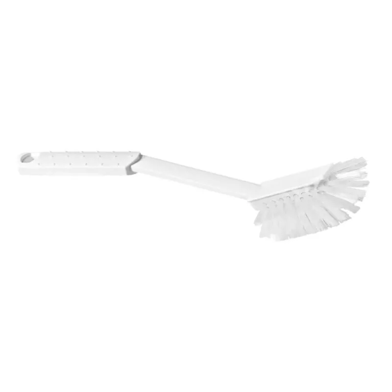 Die Nölle Profi Brush HACCP Spülbürste von Nölle Profi Brush Bürsten- & Pinseltechnik e.K., mit 0,25 mm weichen Borsten und langem Stiel, liegt waagerecht auf einem weißen Untergrund, ideal für die Lebensmittelindustrie.