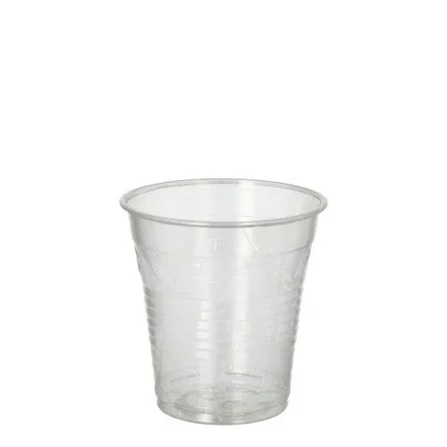 Dieser PAPSTAR „pure“ Kaltgetränkebecher aus klarem PLA-Kunststoff mit geriffeltem Design stellt eine umweltfreundliche Alternative dar. Der 0,15 Liter Becher erscheint leer und steht auf einem weißen Hintergrund.