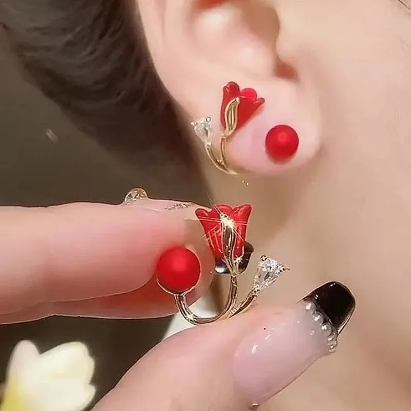 Artistic Red Flower Korean Style Zircon Earrings - Image 0