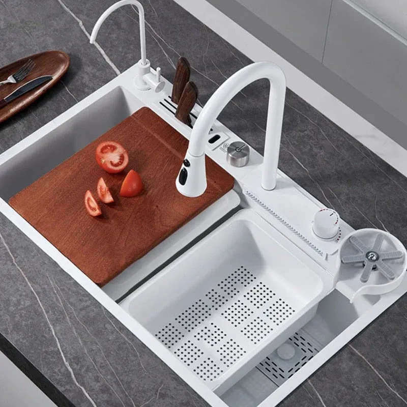Sleek White Topmount Waterfall Stainless Steel Sink - Image 0