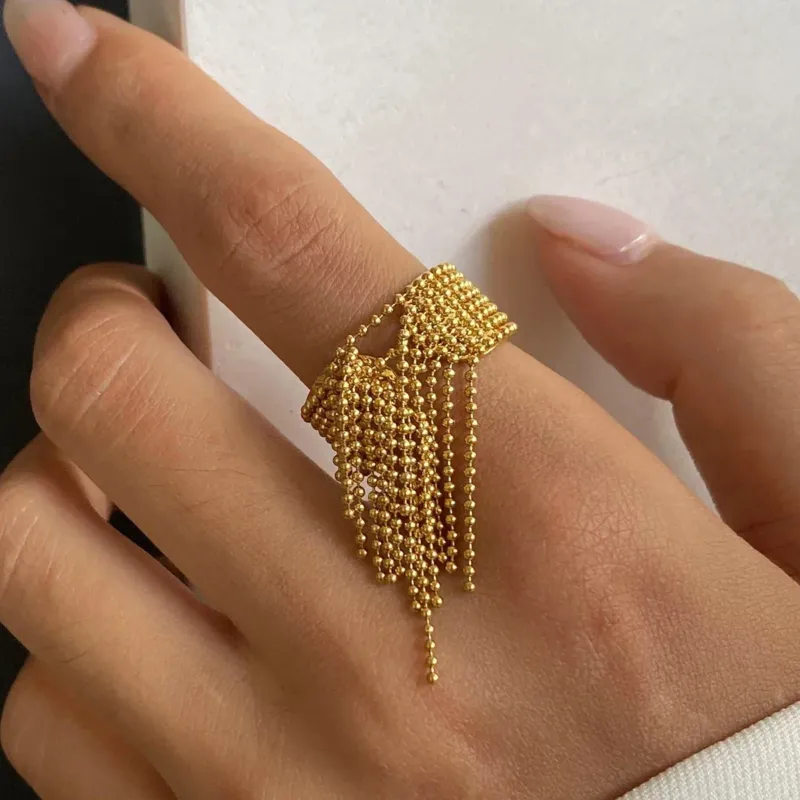 18K Gold Tassel Statement Adjustable Ring - Image 0