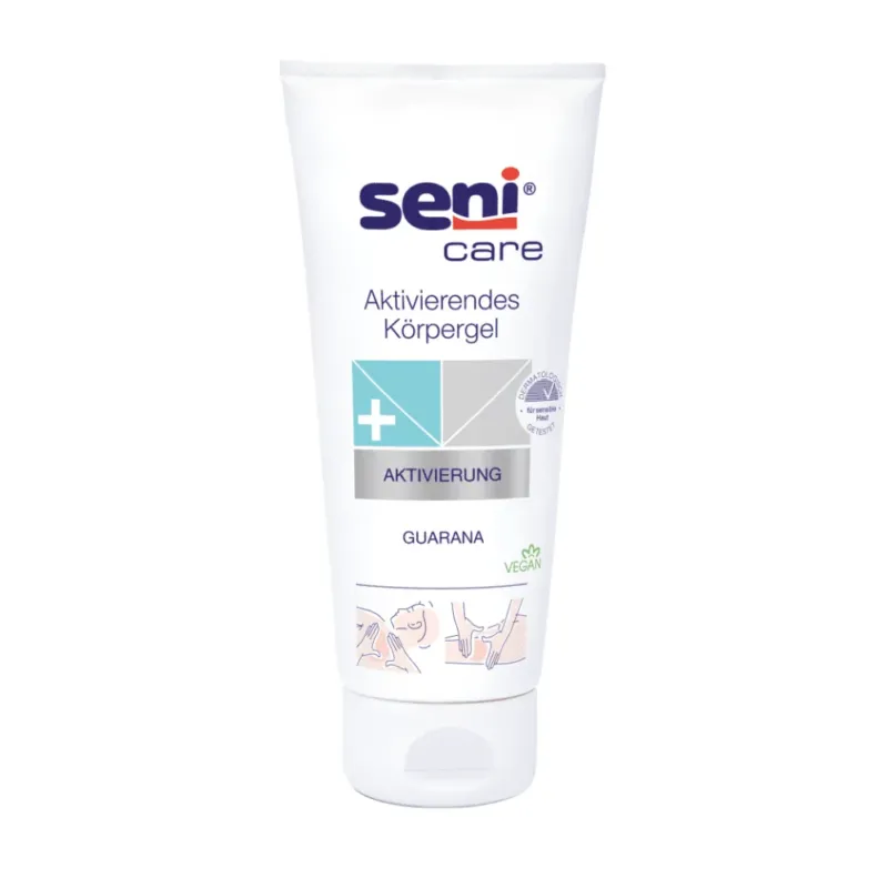 Die Tube Seni Care aktivierendes Gel mit Guarana von TZMO Deutschland GmbH ist weiß verpackt, mit blauem und grauem Text, veganem Zertifikat und Symbolen für Anwendungsbereiche. Es wurde entwickelt, um die Mikrozirkulation des Blutes für eine verjüngte Haut anzuregen, und trägt die Bezeichnung Guarana-Gel.