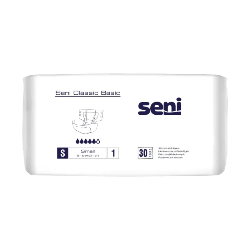 Eine Packung Seni Classic Basic Inkontinenzhose (Größe S, 30 Stück, 55–80 cm) von TZMO Deutschland GmbH mit atmungsaktiver Außenschicht für Komfort bei Blasenschwäche; Enthält Diagramme und Saugfähigkeitssymbole auf der Verpackung.