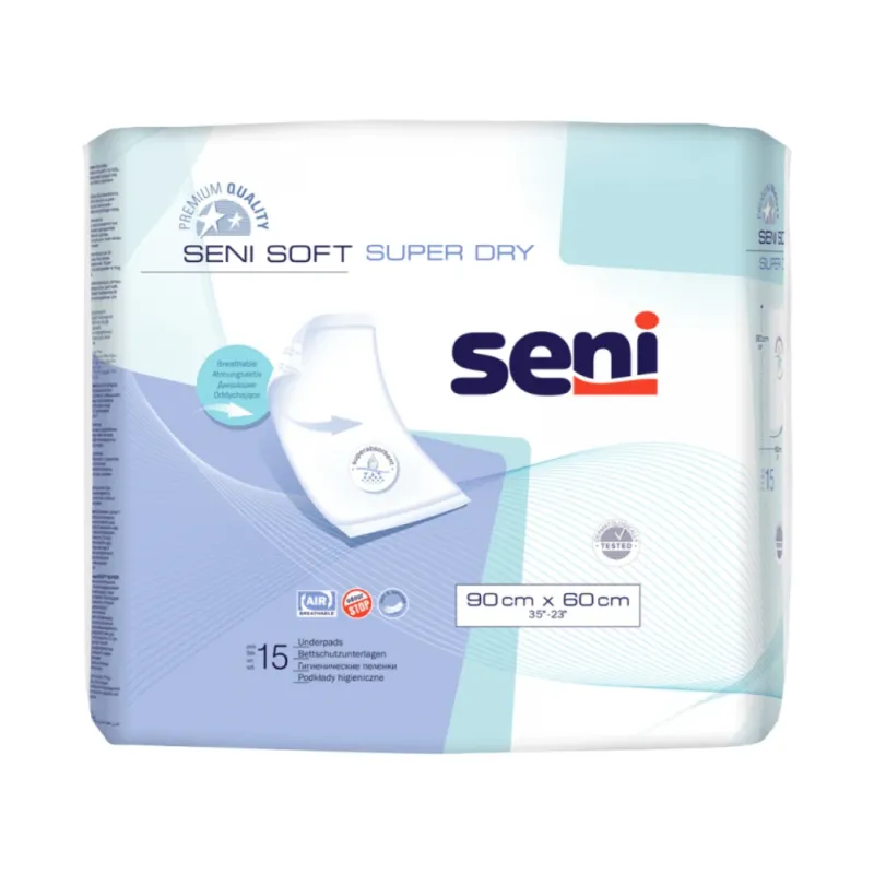 Eine Packung Seni Soft Super Dry Bettschutzunterlagen der TZMO Deutschland GmbH im blau-weißen Design enthält 15 Einwegunterlagen (90 x 60 cm) mit Produktbranding und wichtigen Funktionen auf der Vorderseite.
