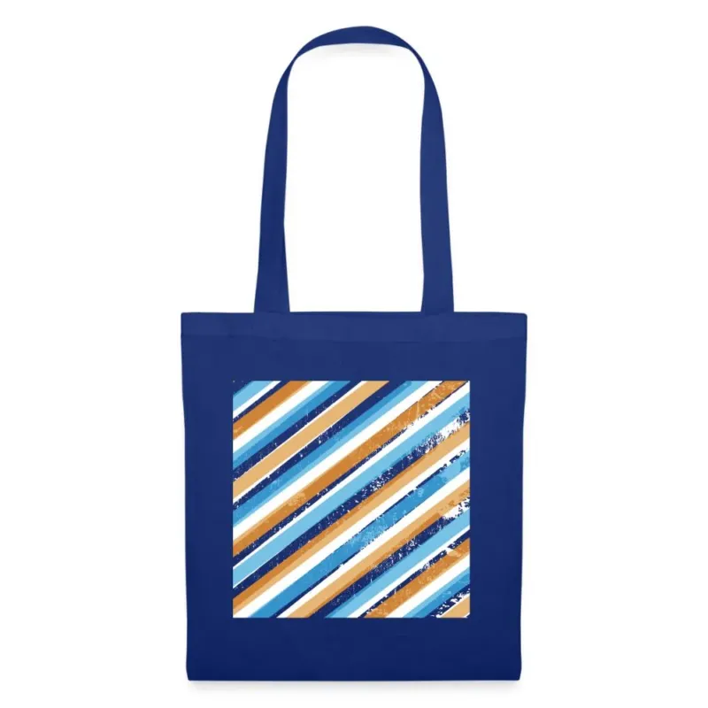 Blauer Stoffbeutel mit diagonalem Streifen-Muster in Blau, Orange und Weiß im Used-Look