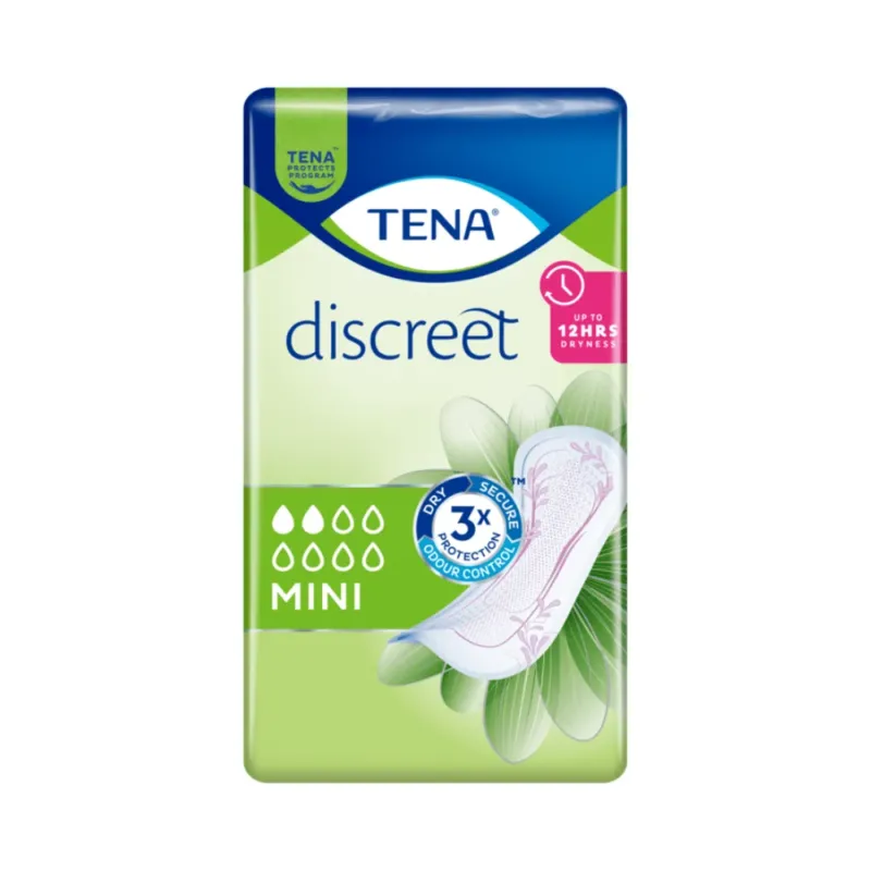 Das Bild zeigt eine Packung TENA Discreet Mini Inkontinenzeinlagen, die zur Behandlung von Blasenschwäche entwickelt wurden. Die grün-blaue Verpackung hebt Eigenschaften wie „bis zu 12 Stunden Trockenheit“ und „Dreifachschutz“ hervor. Ein Blumenmuster ziert die Einlagenabbildung auf der rechten Seite der Packung.