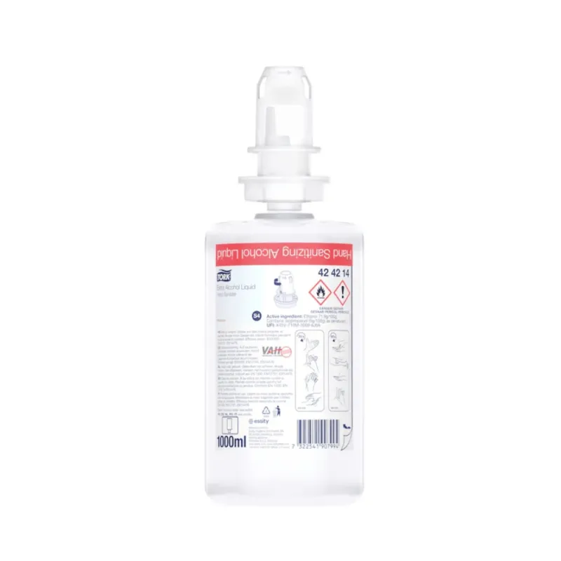 Eine 1000 ml klare Kunststoffflasche Tork 424214 Extra Desinfizierendes Händedesinfektionsmittel von TORK – Essity Professional Hygiene Germany GmbH, ausgestattet mit einem Druckspender. Das Etikett zeigt Sicherheitssymbole, Gebrauchsanweisungen mit Abbildungen und mehrsprachigen Text zur Aufrechterhaltung der Hautschutzfunktion.