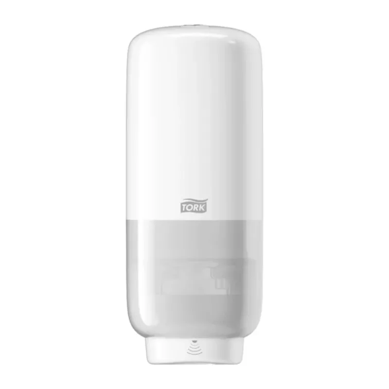 Der Tork 561600 Hautpflege Spender mit Intuition Sensor Elevation S4 von Essity Professional Hygiene Germany GmbH wird vor einem schlichten Hintergrund präsentiert. Dieser weiße, berührungslose Spender verfügt über einen transparenten unteren Teil, ein schlankes, längliches Design und das Tork-Logo auf der Vorderseite, wodurch die Hygiene mühelos verbessert wird.