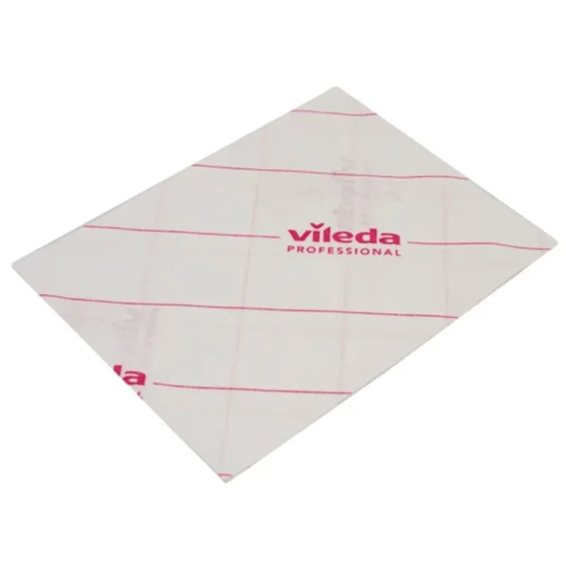 Ein weißes Vileda Professional MicroOne Mikrofasertuch mit roten Linien und rotem Aufdruck „Vileda Professional“ bietet hervorragende Reinigungsergebnisse und erfüllt strenge Hygienestandards. Das rechteckige Tuch mit den Maßen 34 x 27 cm wird flach auf einem einfarbigen Hintergrund präsentiert.