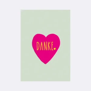 Postkarte mit pinkem Herzmotiv und gelbem Schriftzug "DANKE" auf hellgrauem Hintergrund