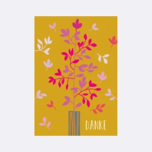 Postkarte mit bunten Blüten in Pink und Lila mit Schriftzug "DANKE"