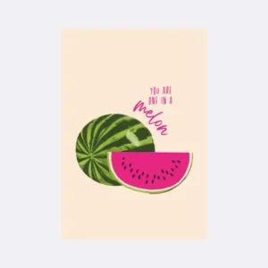 Postkarte mit Wassermelonendesign in Grün und Pink mit Schriftzug "You are one in a melon"