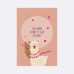 Postkarte mit zwei Alpakas und rosa Hintergrund mit Schriftzug "Wir haben gehört es gibt Kuchen"