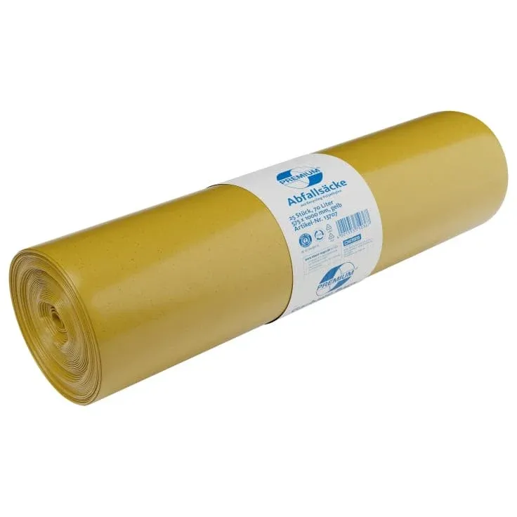DEISS PREMIUM Abfallsack 70 Liter gelb, ca. 1320 g/Rolle, Typ 100 1 Karton = 10 Rollen á 250 Saecke