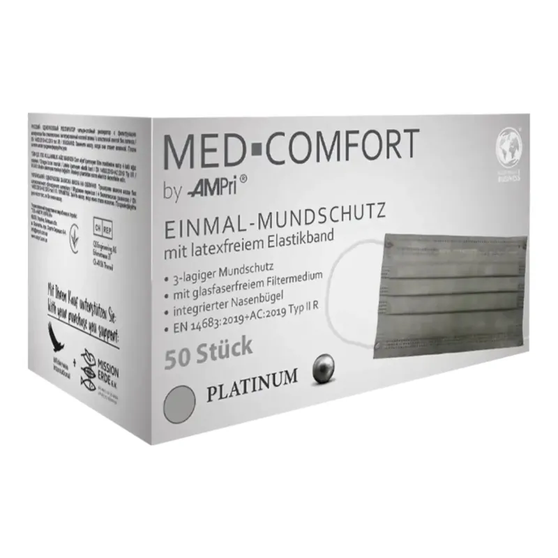 AMPri MED-COMFORT Einmalmundschutz Typ IIR 4-lagig OP-Mundschutz 1 Karton = 10 Packungen à 50 Stück, Farbe: Grau