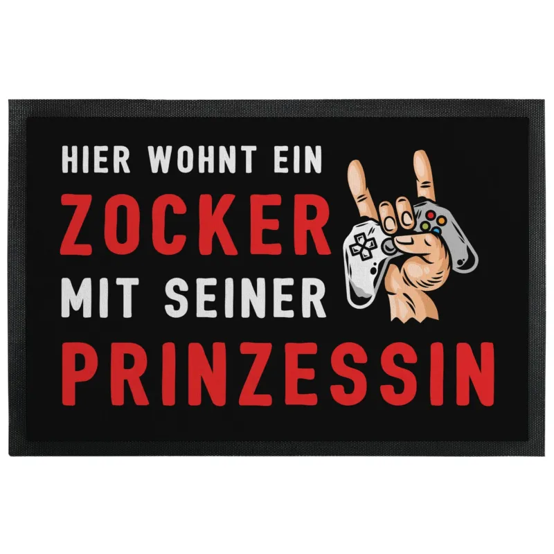 Bild: Fußmatte mit Gummilippe - Hier wohnt ein Zocker mit seiner Prinzessin.